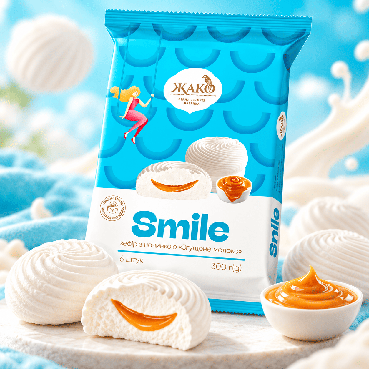 Zefyrai „Smile“ su virto sutirštinto pieno įdaru ŽAKO, 300 g Zefyrai „Smile“ su virto sutirštinto pieno įdaru ŽAKO, 300 g